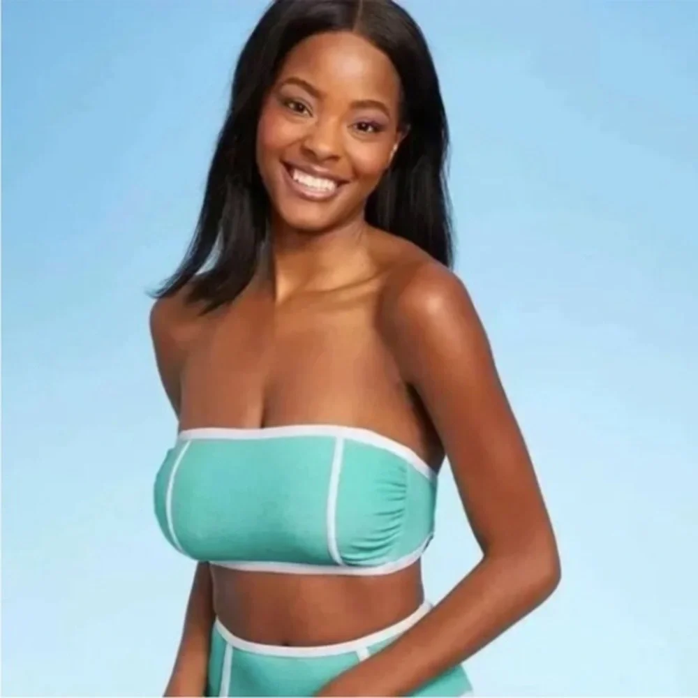Kona sol light teal terry texture high waist bikini swimsuit bikini NWT